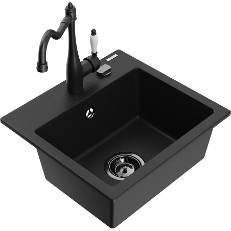Mexen Milo fregadero de cocina de granito de 1 seno con grifo de cocina Carla, negro - 6505-77-670700-70-B