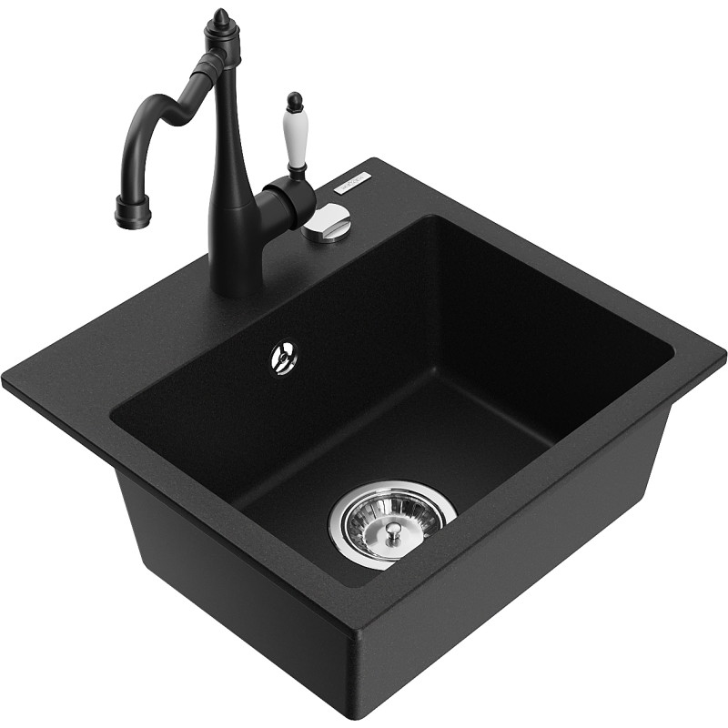 Mexen Milo fregadero de granito de 1 compartimento con grifo de cocina Carla, negro - 6505-77-670700-70