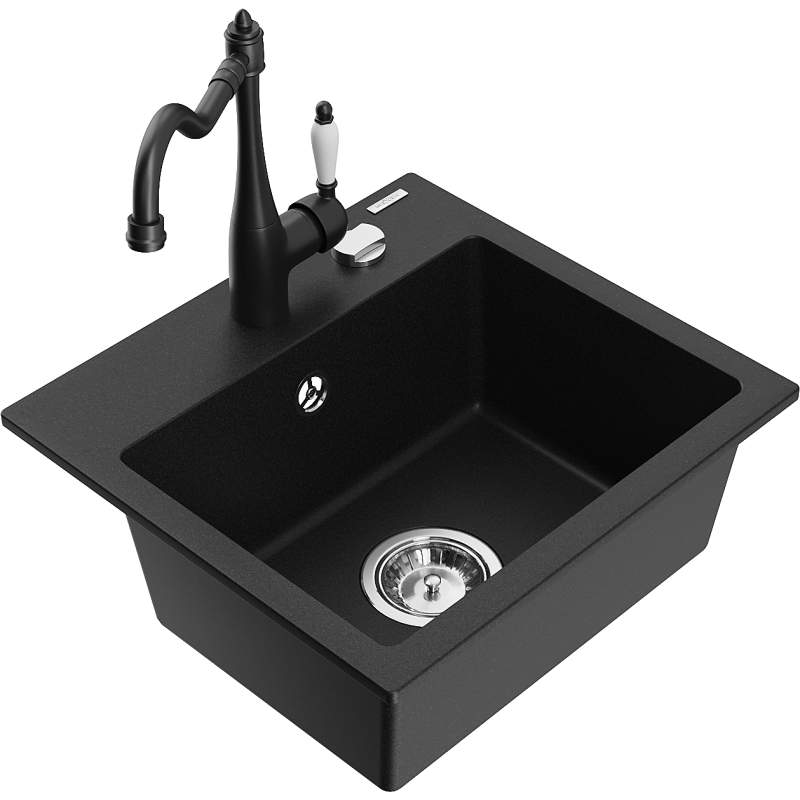 Mexen Milo fregadero de granito de 1 cubeta con grifo de cocina Carla, negro - 6505-77-670700-70