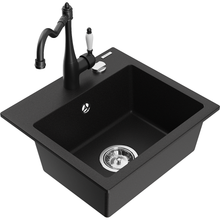 Mexen Milo granitine izlietne ar 1 kameru un virtuves jaucējkrānu Carla, melna - 6505-77-670700-70