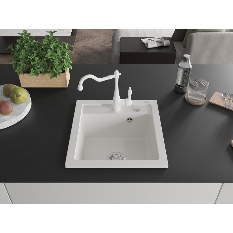 Mexen Vito granite sink 1-bowl with Carla kitchen tap, white - 6503-20-670700-20