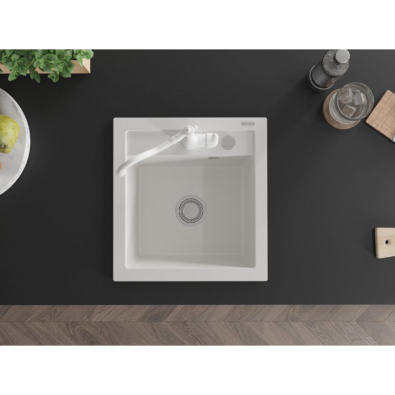 Mexen Vito lava-louça de granito de 1 cuba com torneira de cozinha Carla, branco - 6503-20-670700-20