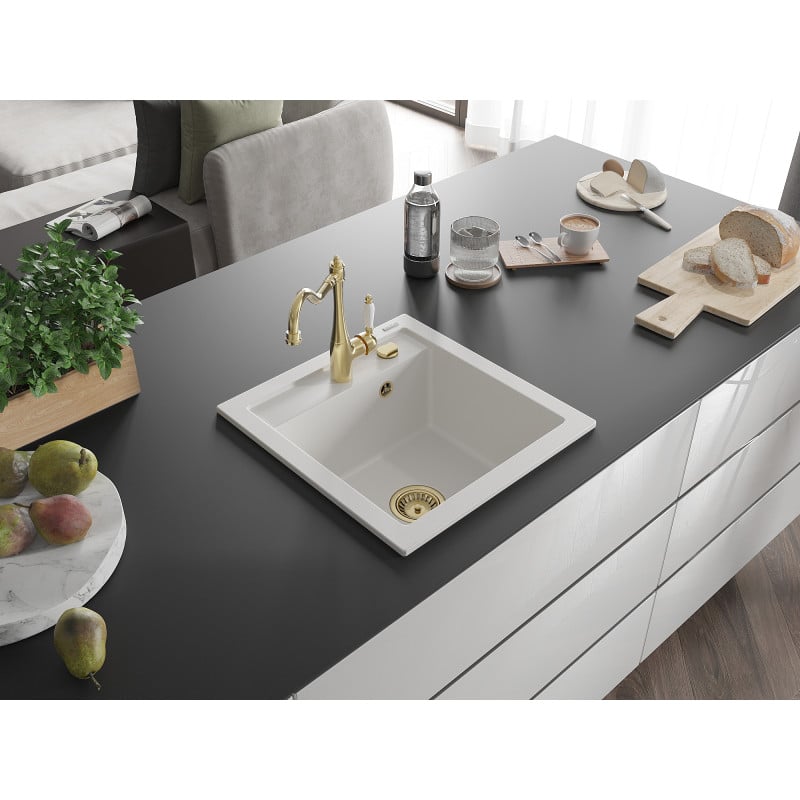 Mexen Vito granite kitchen sink 1-bowl with Carla kitchen tap, white - 6503-20-670700-50