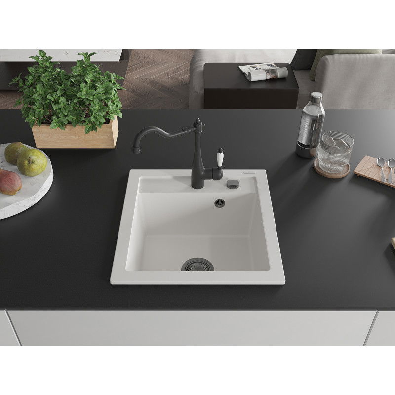 Mexen Vito granite sink 1-bowl with Carla kitchen tap, white - 6503-20-670700-70