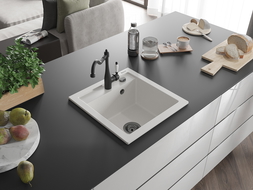 Mexen Vito lava-loiça de granito com 1 bacia e torneira de cozinha Carla, branco - 6503-20-670700-70