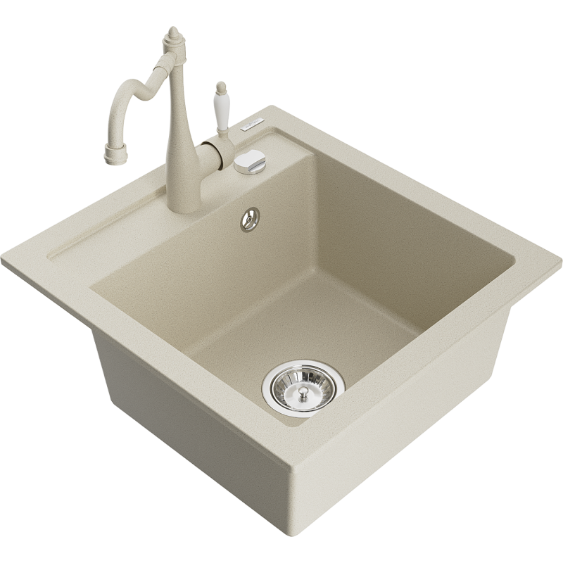 Mexen Vito granieten spoelbak 1-komors met keukenmengkraan Carla, beige - 6503-69-670700-69