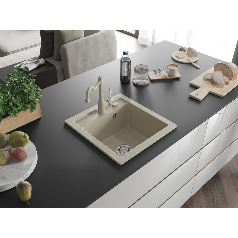 Mexen Vito granieten spoelbak 1-komors met keukenmengkraan Carla, beige - 6503-69-670700-69
