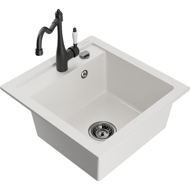 Mexen Vito granite sink 1-bowl with Carla kitchen tap, white - 6503-20-670700-70