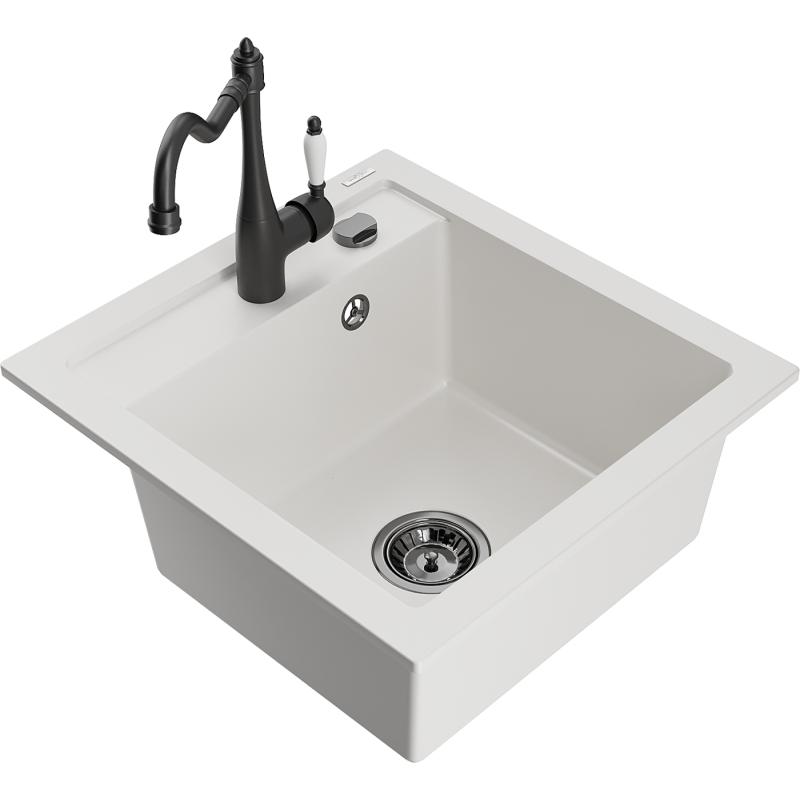 Mexen Vito lava-loiça de granito com 1 bacia e torneira de cozinha Carla, branco - 6503-20-670700-70