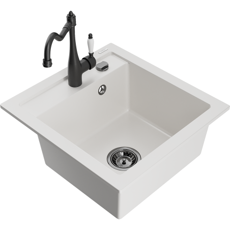 Mexen Vito granite sink 1-bowl with Carla kitchen tap, white - 6503-20-670700-70