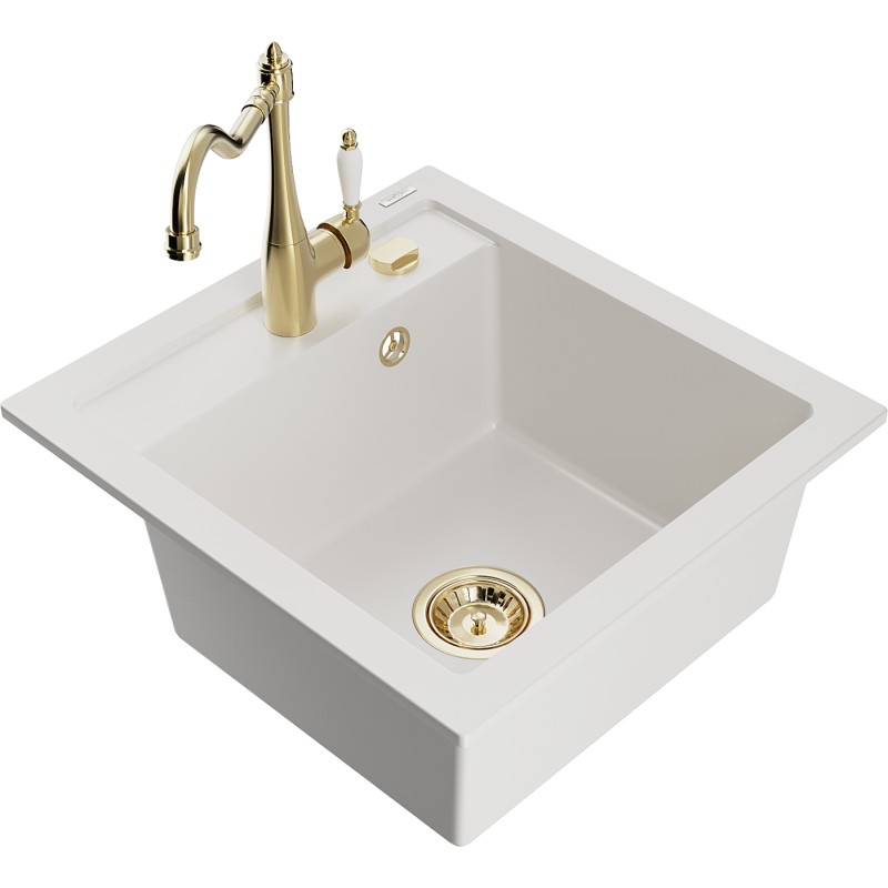 Mexen Vito granite kitchen sink 1-bowl with Carla kitchen tap, white - 6503-20-670700-50