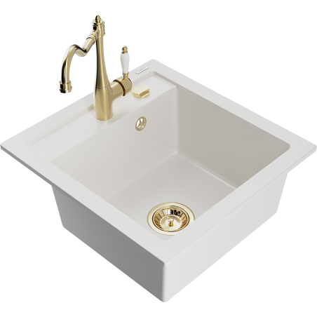 Mexen Vito granite kitchen sink 1-bowl with Carla kitchen tap, white - 6503-20-670700-50