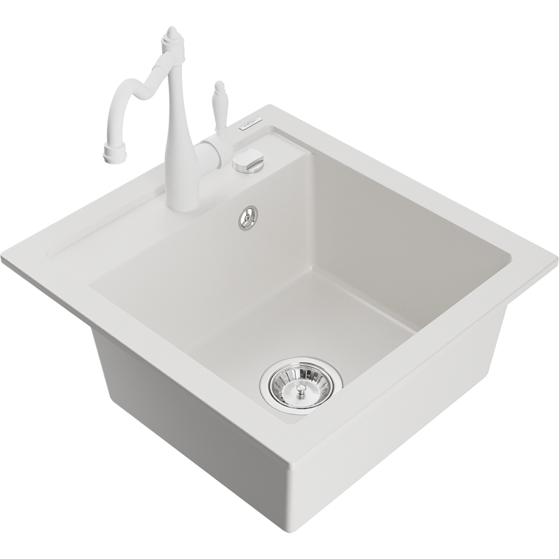 Mexen Vito fregadero de cocina de granito de 1 cámara con grifo de cocina Carla, blanco - 6503-20-670700-20