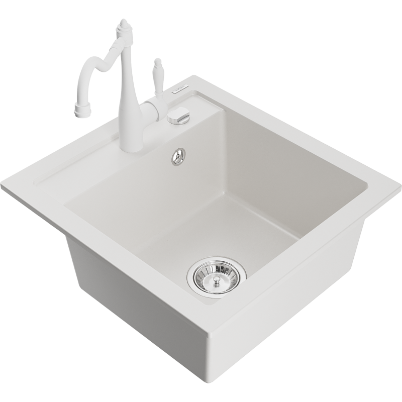 Mexen Vito lava-louça de granito de 1 cuba com torneira de cozinha Carla, branco - 6503-20-670700-20