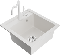 Mexen Vito granitdiskbänk med en skål och Carla köksblandare, vit - 6503-20-670700-20