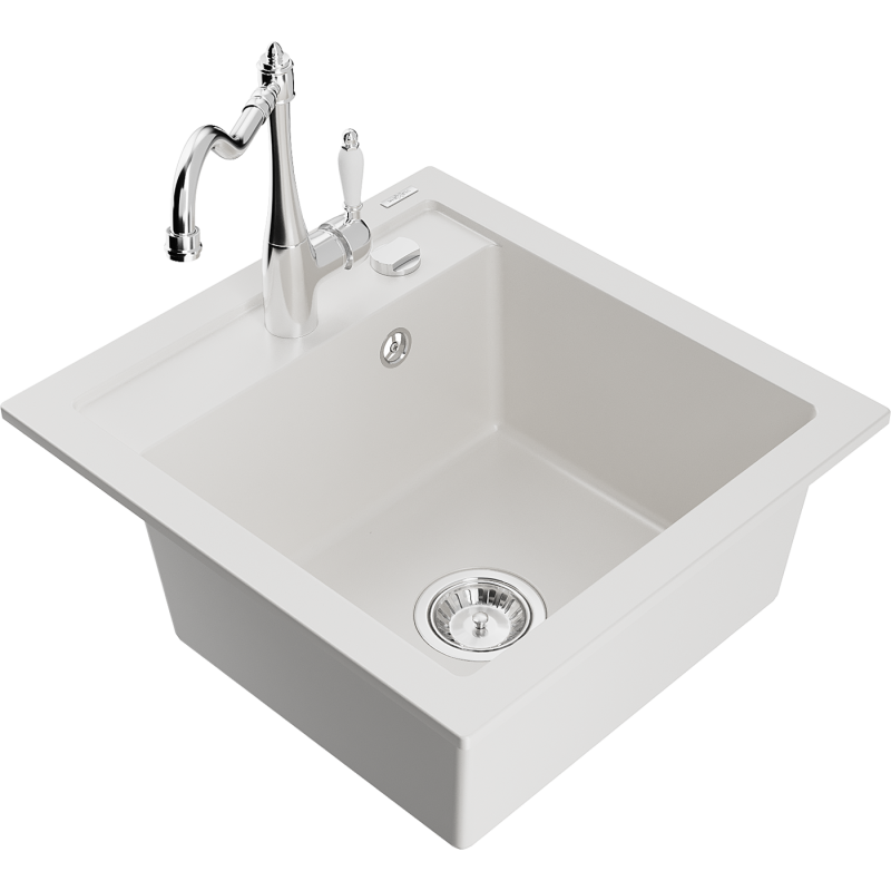 Mexen Vito granitdiskbänk med 1 fack och köksblandare Carla, vit - 6503-20-670700-00