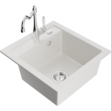 Mexen Vito granite sink 1-bowl with Carla kitchen mixer, white - 6503-20-670700-00