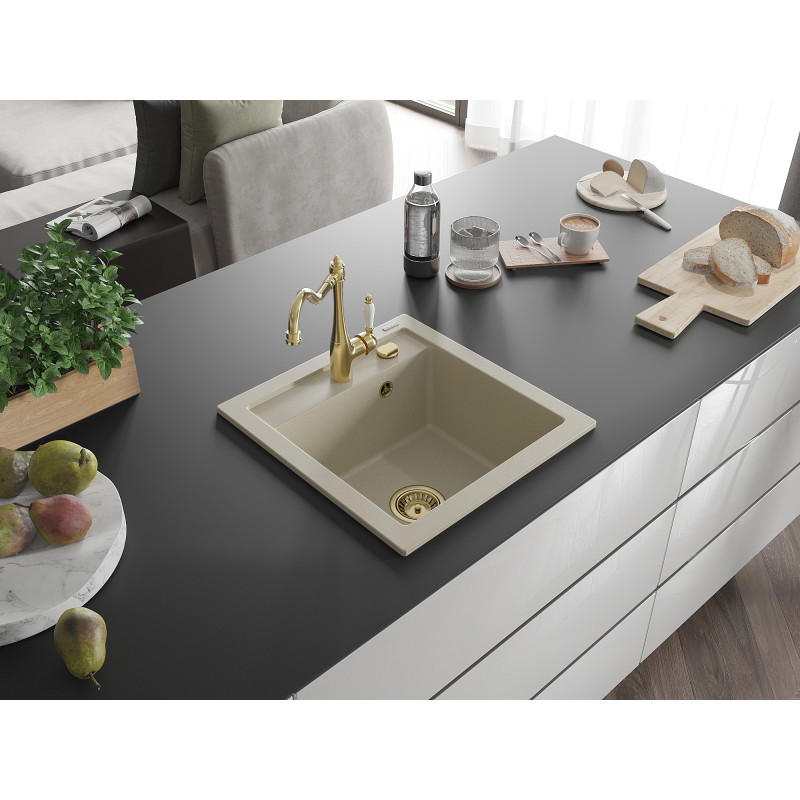 Mexen Vito fregadero de granito de 1 compartimiento con grifo de cocina Carla, beige - 6503-69-670700-50