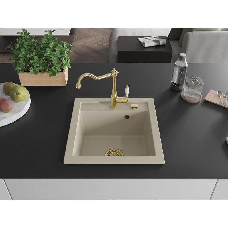 Mexen Vito lavello in granito con 1 vasca e rubinetto da cucina Carla, beige - 6503-69-670700-50