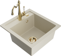 Mexen Vito 1-bowl granite sink with Carla kitchen faucet, beige - 6503-69-670700-50