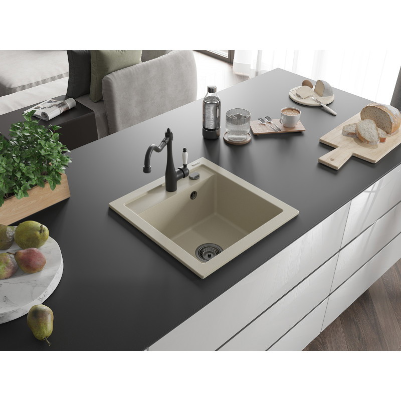 Mexen Vito Évier de cuisine en granit 1 bac avec mitigeur Carla, beige - 6503-69-670700-70