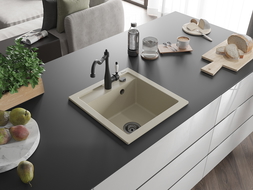 Mexen Vito lava-louça de granito de 1 câmara com torneira de cozinha Carla, bege - 6503-69-670700-70