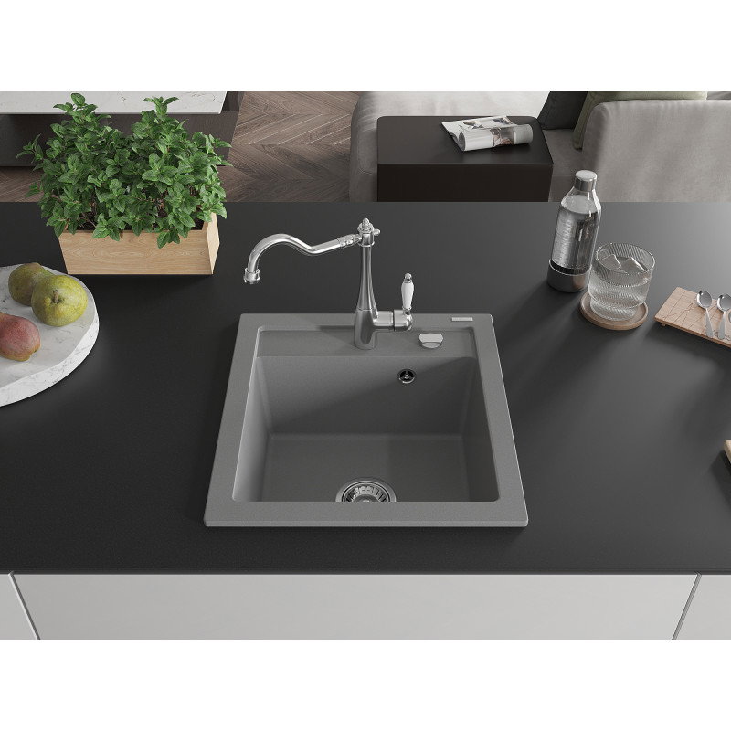 Mexen Vito granite kitchen sink 1-bowl with Carla kitchen tap, grey - 6503-71-670700-00