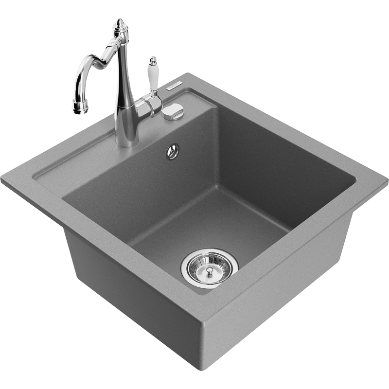 Mexen Vito granieten gootsteen 1-komors met keukenkraan Carla, grijs - 6503-71-670700-00