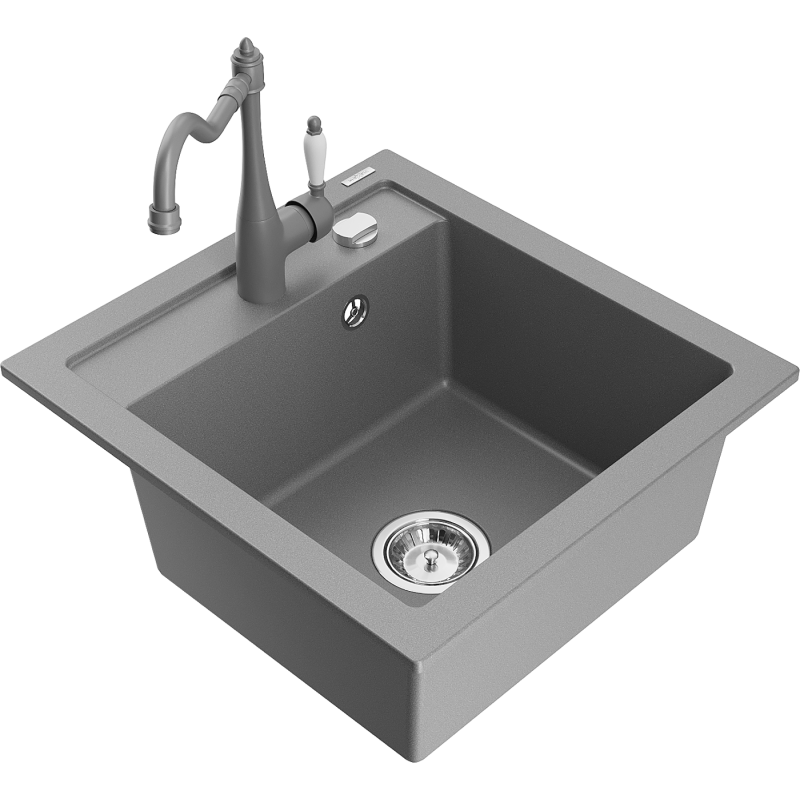 Mexen Vito fregadero de granito de 1 cubeta con grifo de cocina Carla, gris - 6503-71-670700-71