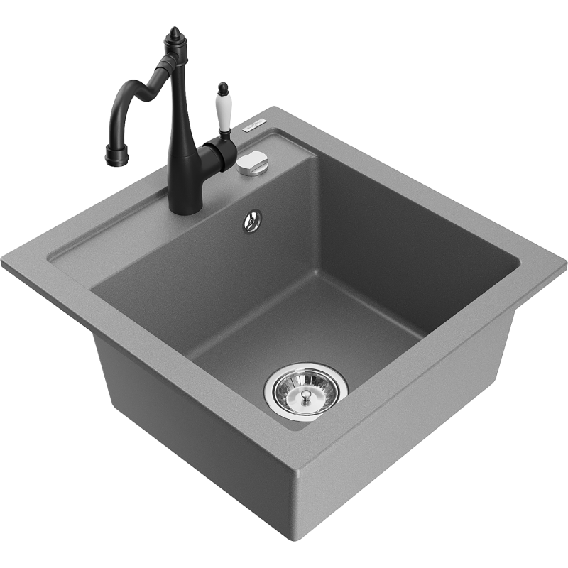 Mexen Vito fregadero de granito de 1 cubeta con grifo de cocina Carla, gris - 6503-71-670700-70