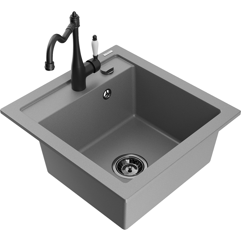 Mexen Vito granite sink with 1 basin and Carla kitchen tap, grey - 6503-71-670700-70-B