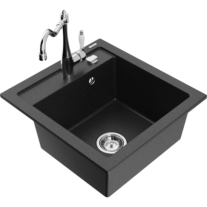 Mexen Vito lava-loiça em granito de 1 bacia com torneira de cozinha Carla, preto/metálico prateado - 6503-73-670700-00