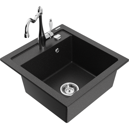 Mexen Vito fregadero de granito de 1 cubeta con grifo de cocina Carla, negro/plateado metálico - 6503-73-670700-00