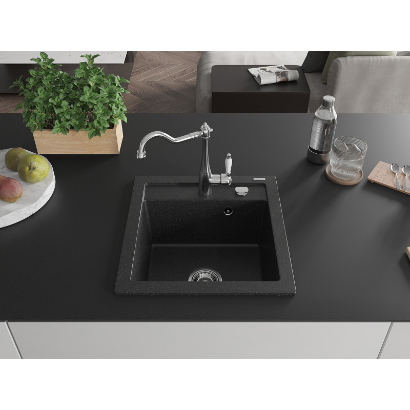 Mexen Vito fregadero de granito de 1 compartimento con grifo de cocina Carla, negro/plateado metálico - 6503-73-670700-00