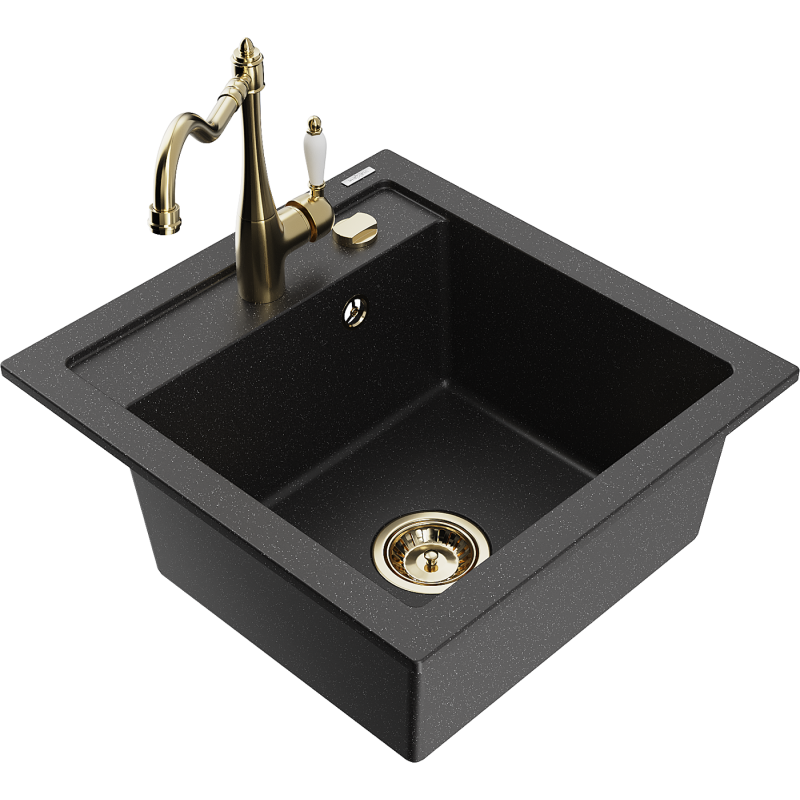 Mexen Vito fregadero de granito 1-cubeta con grifo de cocina Carla, negro/metálico plateado - 6503-73-670700-50