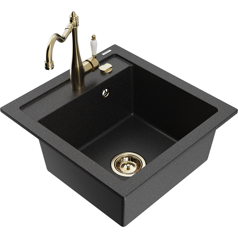 Mexen Vito fregadero de granito de 1 cubeta con grifo de cocina Carla, negro/plata metálico - 6503-73-670700-50