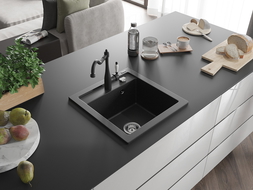Mexen Vito Granitspüle 1-Becken mit Küchenarmatur Carla, schwarz/silbermetallic - 6503-73-670700-70