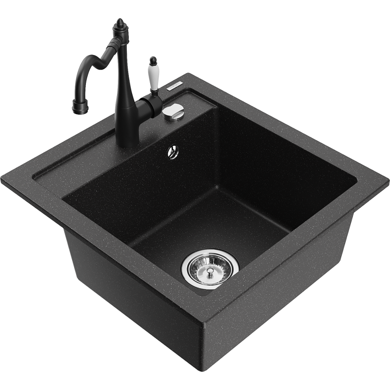 Mexen Vito fregadero de cocina de granito de 1 cubeta con grifo de cocina Carla, negro/metálico plateado - 6503-73-670700-70
