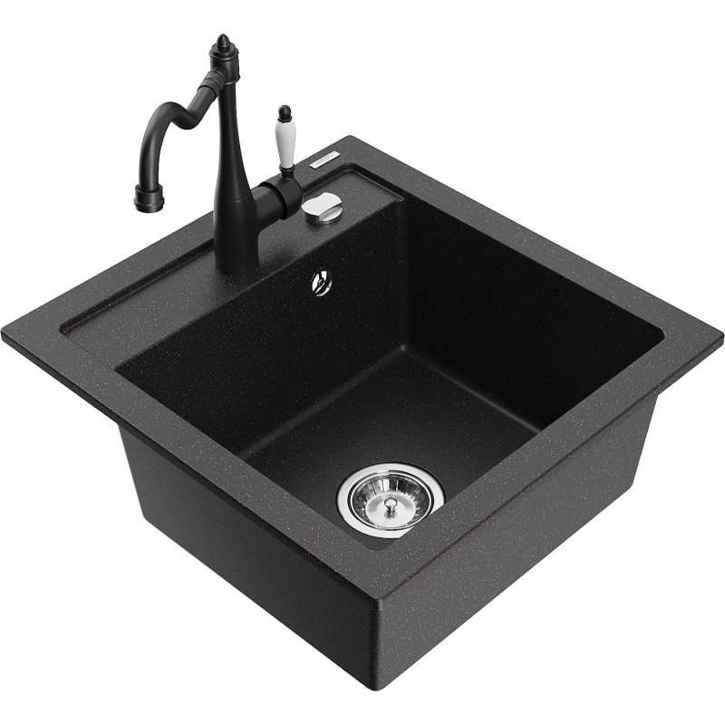 Mexen Vito granitspüle 1-becken mit küchenarmatur Carla, schwarz/silber metallic - 6503-73-670700-70