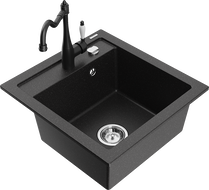 Mexen Vito Granitspüle 1-Becken mit Küchenarmatur Carla, schwarz/silbermetallic - 6503-73-670700-70