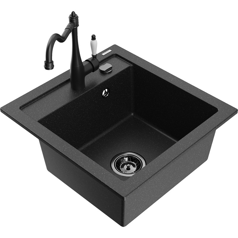 Mexen Vito granitische spoelbak met 1 bak en keukenmengkraan Carla, zwart/zilver metallic - 6503-73-670700-70-B