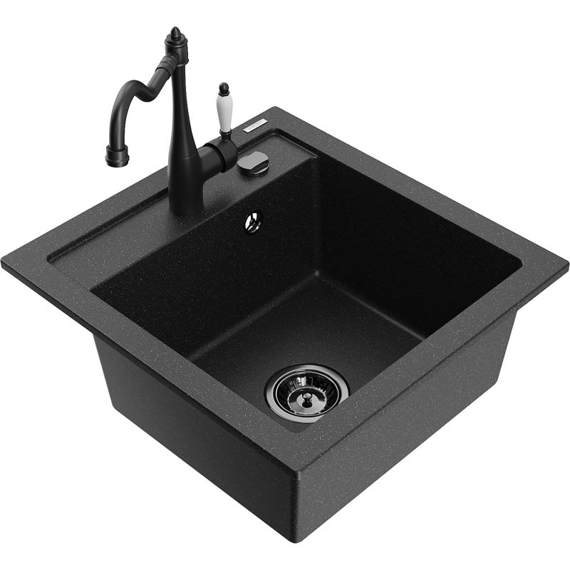 Mexen Vito lava-loiça de granito de 1 cuba com torneira de cozinha Carla, preto/prateado metalizado - 6503-73-670700-70-B