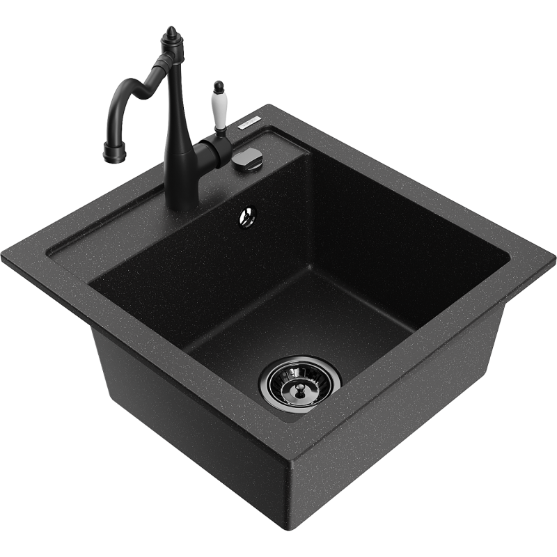 Mexen Vito lavello in granito a 1 vasca con miscelatore cucina Carla, nero/argento metallizzato - 6503-73-670700-70-B