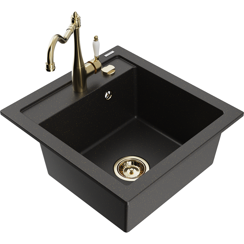 Mexen Vito granieten gootsteen 1-komor met keukenkraan Carla, zwart/gouden metallic - 6503-75-670700-50