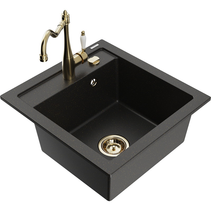 Mexen Vito granitische spoelbak met 1 bak en keukenkraan Carla, zwart/goud metallic - 6503-75-670700-50