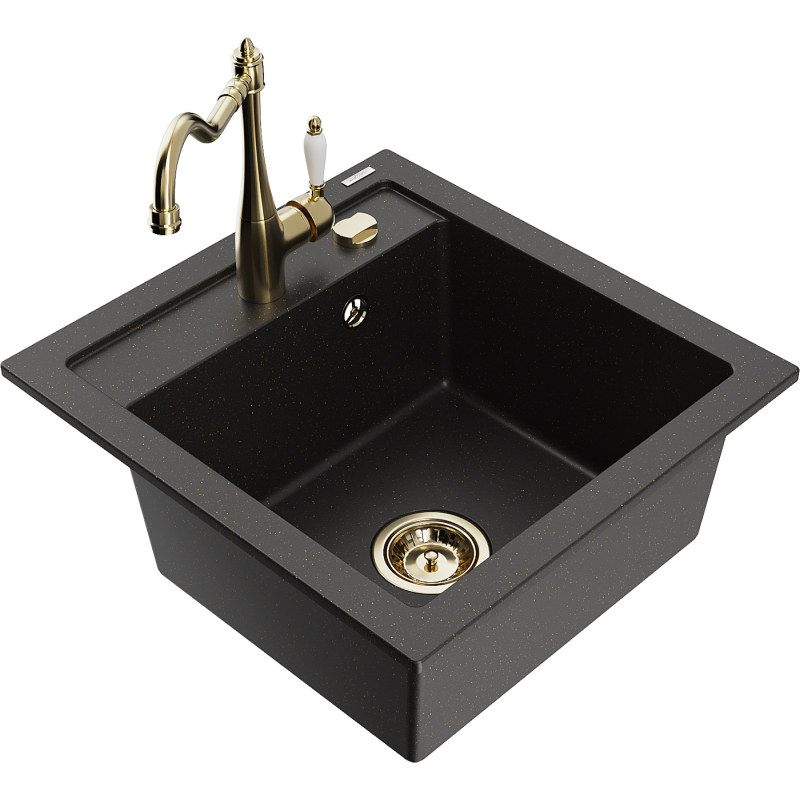 Mexen Vito lava-loiça de granito de 1 cuba com torneira de cozinha Carla, preto/dourado metálico - 6503-75-670700-50