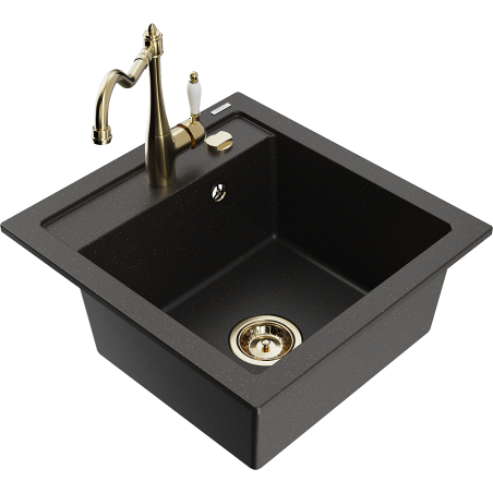 Mexen Vito granieten gootsteen 1-komor met keukenkraan Carla, zwart/gouden metallic - 6503-75-670700-50