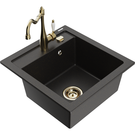 Mexen Vito granite sink 1-bowl with Carla kitchen faucet, black/gold metallic - 6503-75-670700-50