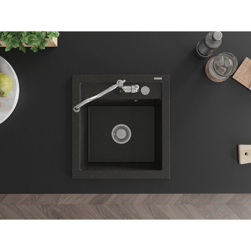 Mexen Vito 1-bowl granite kitchen sink with Carla kitchen tap, black/gold metallic - 6503-75-670700-00