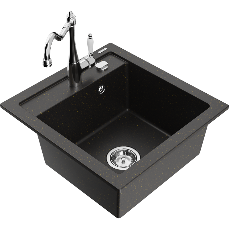 Mexen Vito 1-bowl granite kitchen sink with Carla kitchen tap, black/gold metallic - 6503-75-670700-00